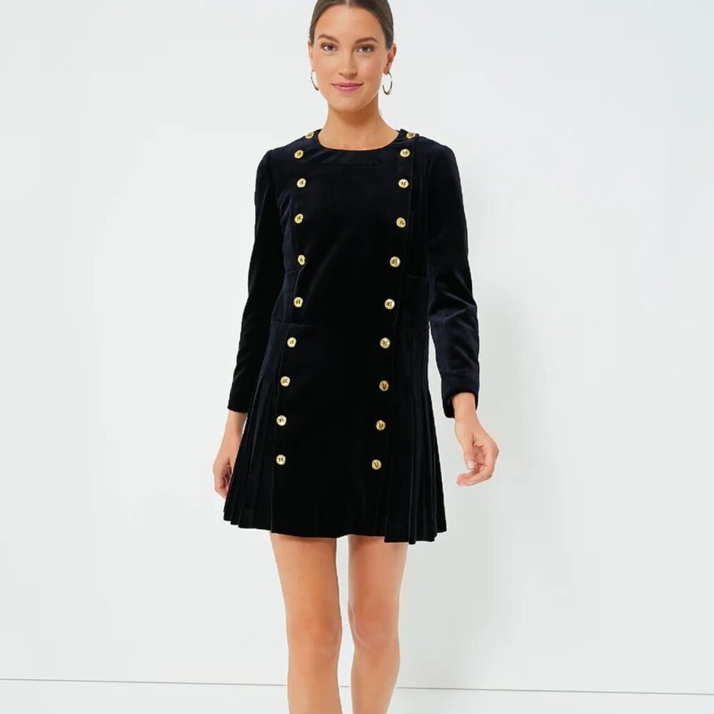 Tuckernuck Black Velvet Mini Dress with Gold Buttons
